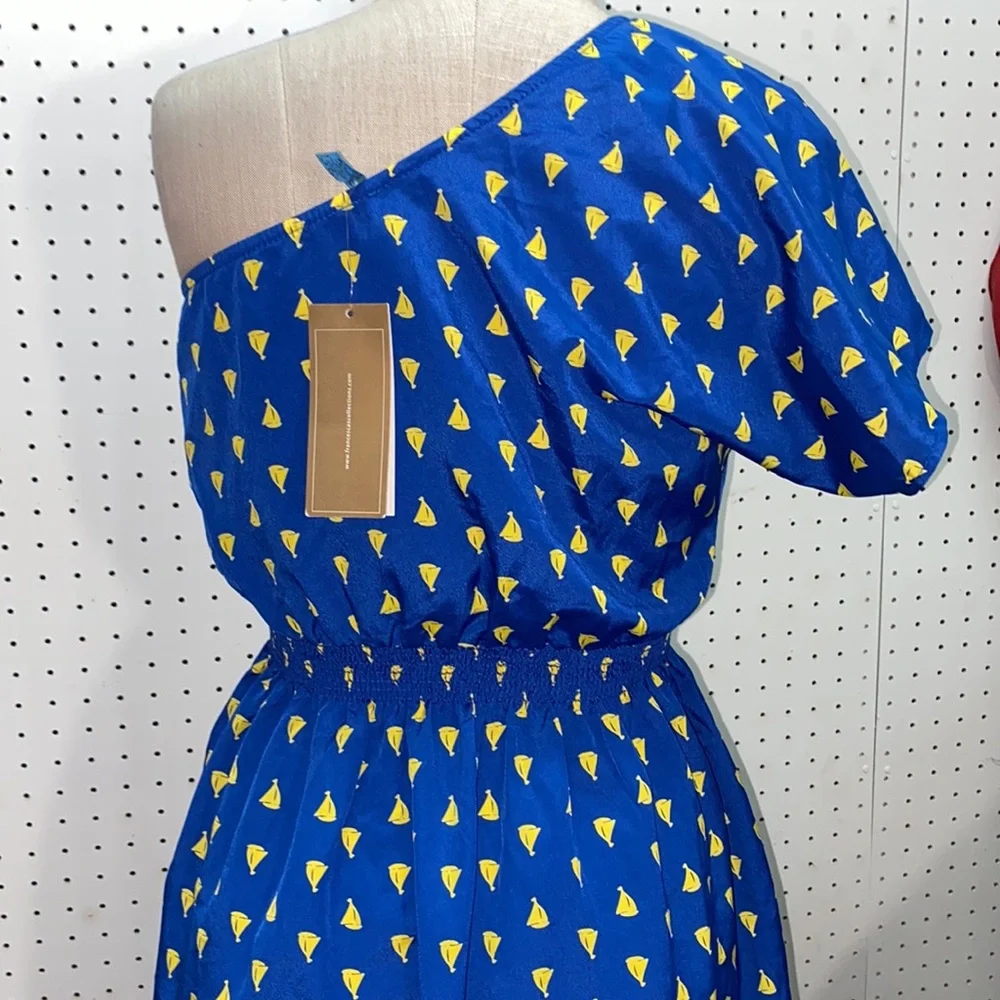 NWT Francesca’s Collection One Shoulder Yellow Sailboat Small Blue Dress - Picture 6 of 10